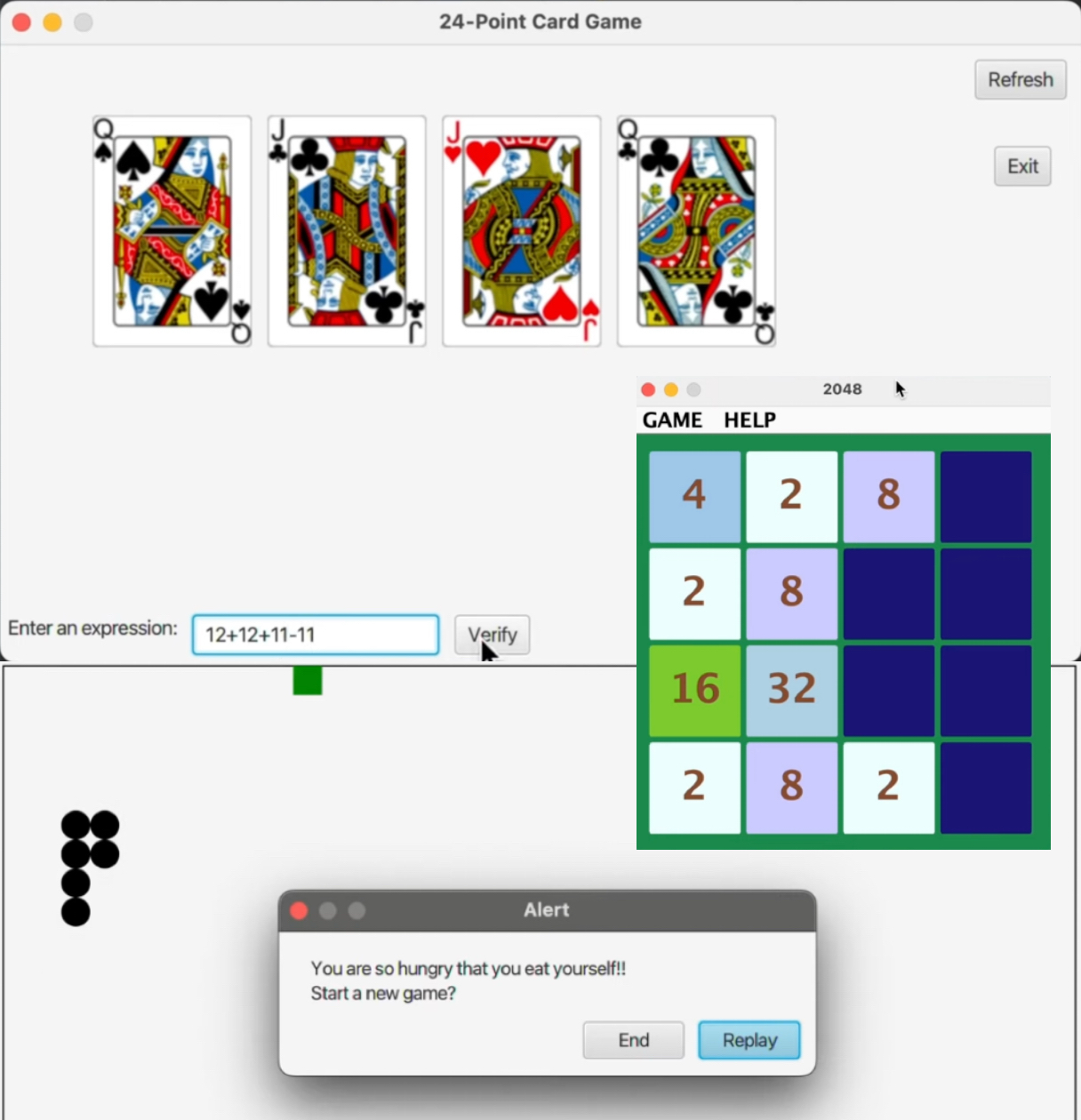 Java desktop interfaces for 24 Game, 2048, and Snake