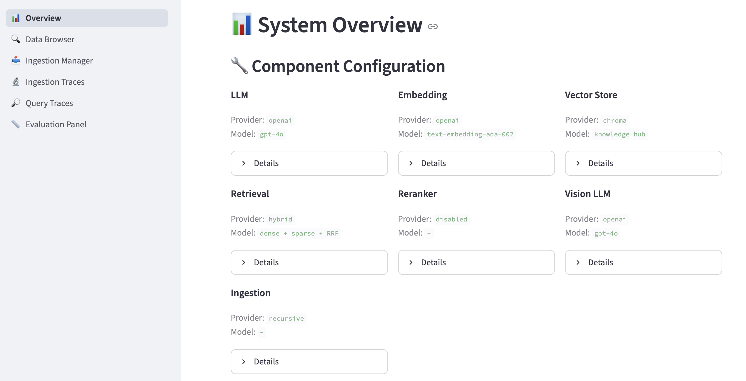 Streamlit system-overview console for the enterprise RAG platform